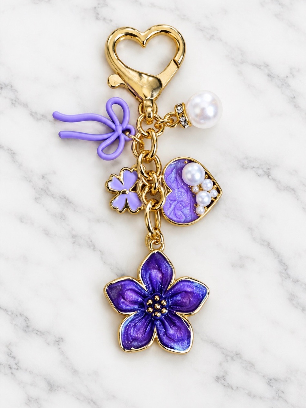 Bag Charm/Keyring-Purple Enamel Floral Charm Heart & Bow Charms-Gold Hardware